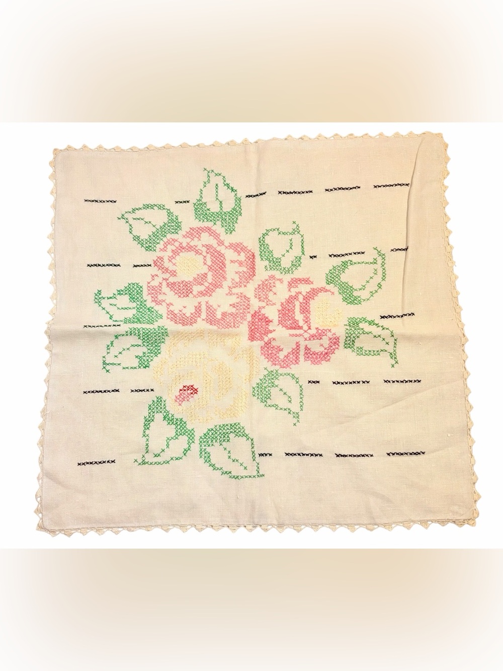 Vintage Rose Cross Stitch and Lace Accent Pillow Cover
Cotton